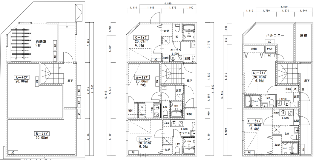 3階建ての住宅の間取り図。左から1階、2階、3階の各フロアの詳細なレイアウトと寸法表示。