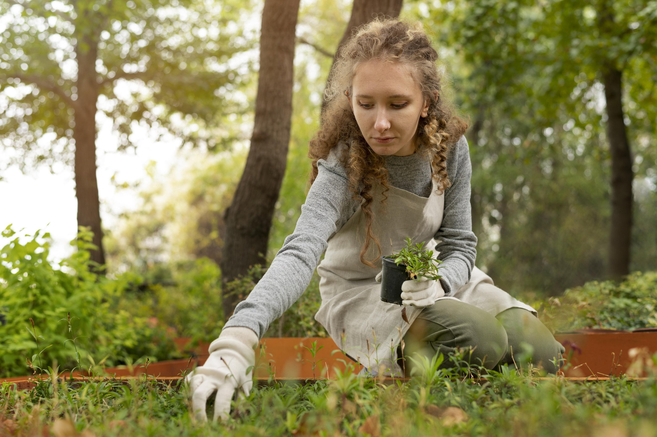 A woman with curly hair wearing gardening gloves and an apron, planting seedlings in a garden with trees in the background.