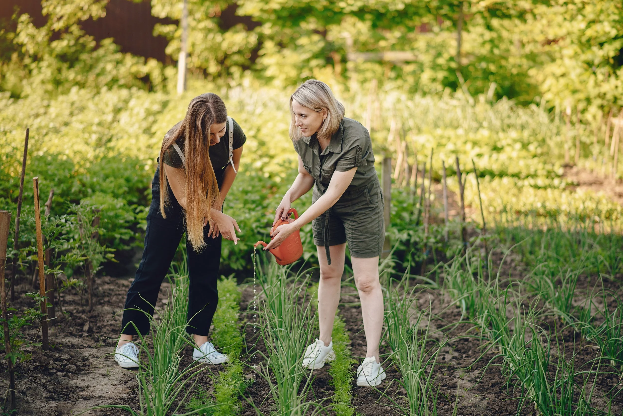 Two women watering and tending to plants in a garden with lush green background