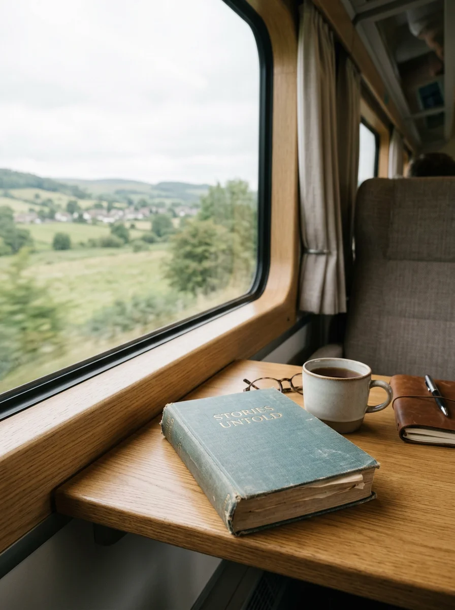 A well-worn book, reading glasses and a cup of tea on a train table, countryside passing by the window