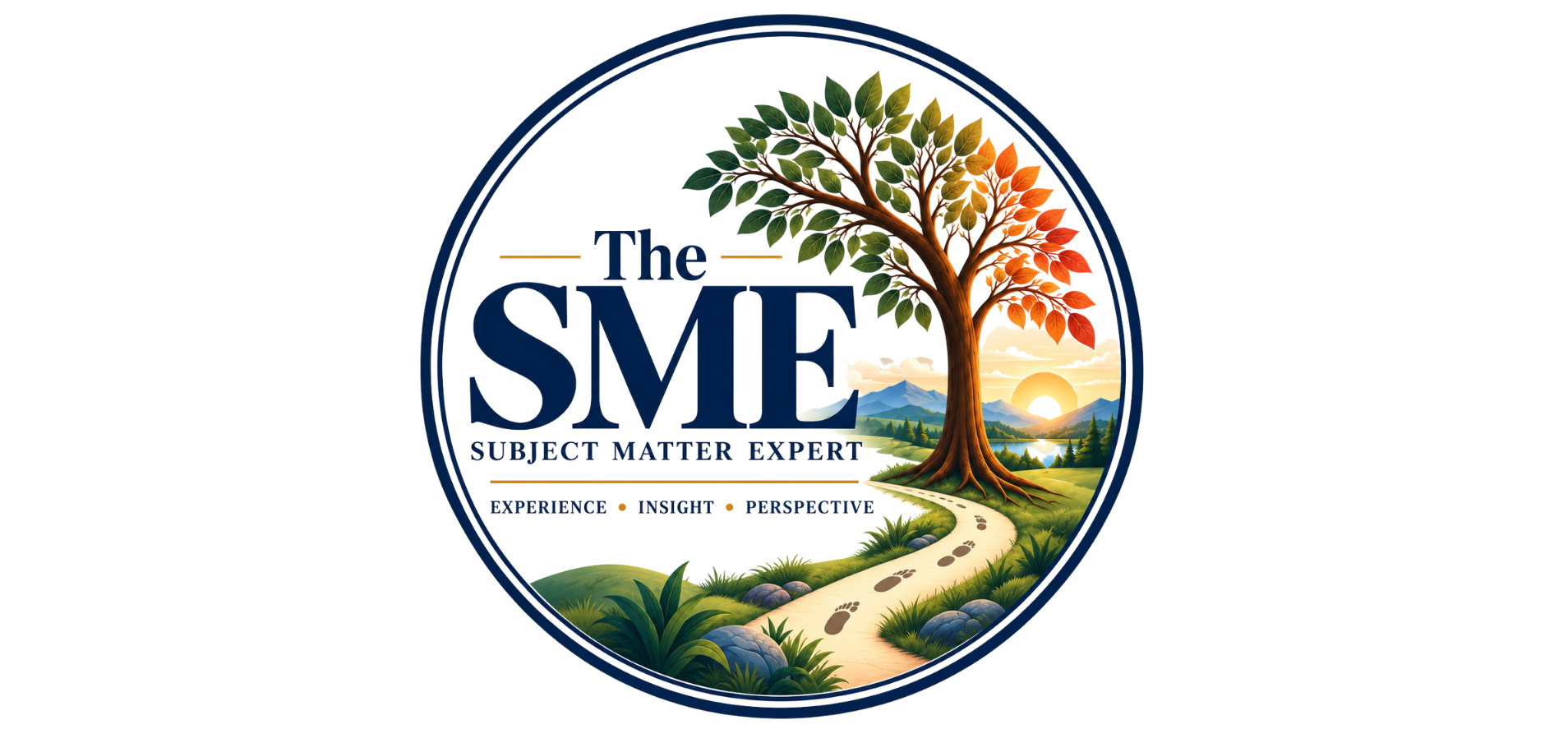A logo with a tree and foot steps, a meaning for the start, middle and end