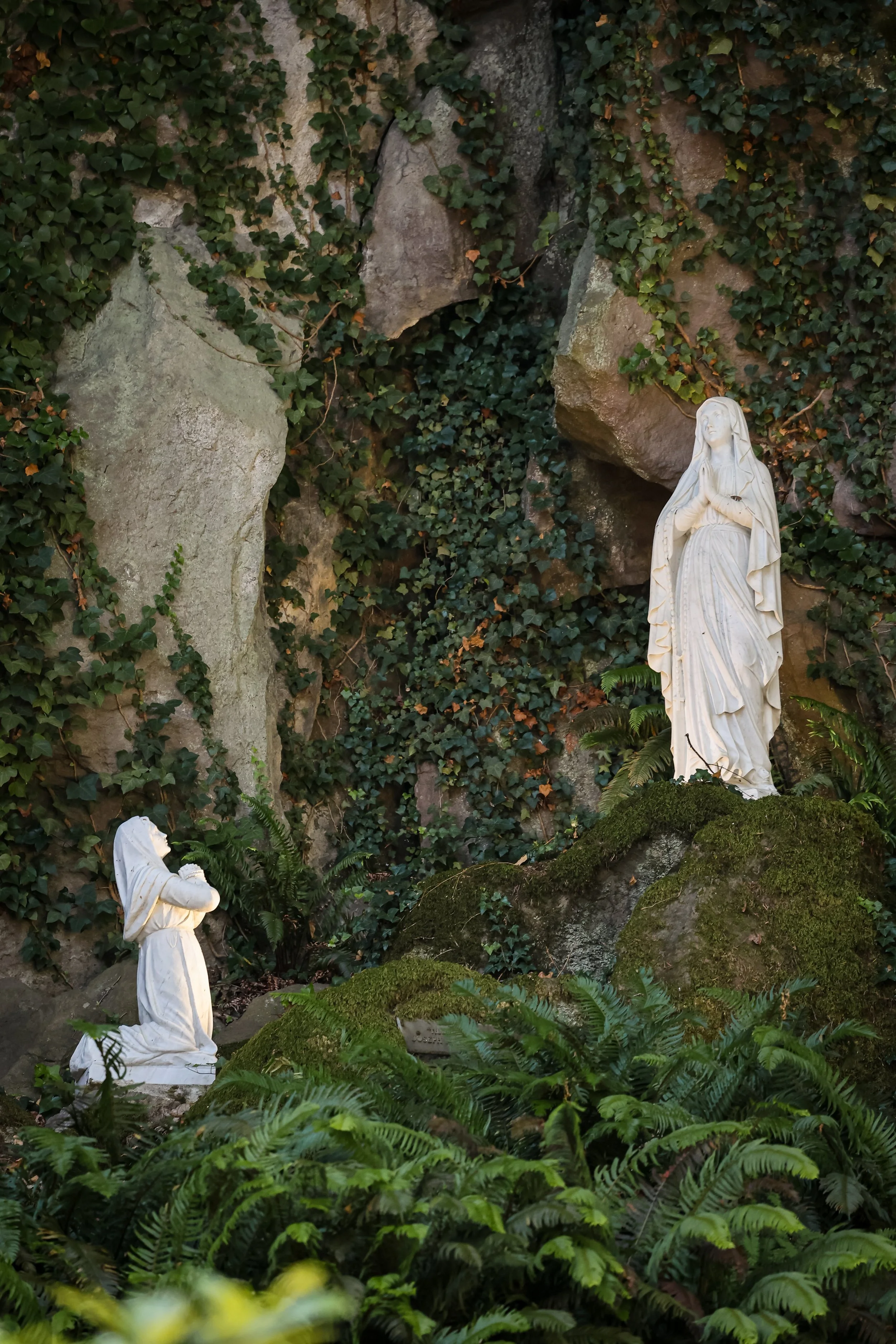 Statues of religious figures set among rocks and lush greenery, including ivy and ferns.