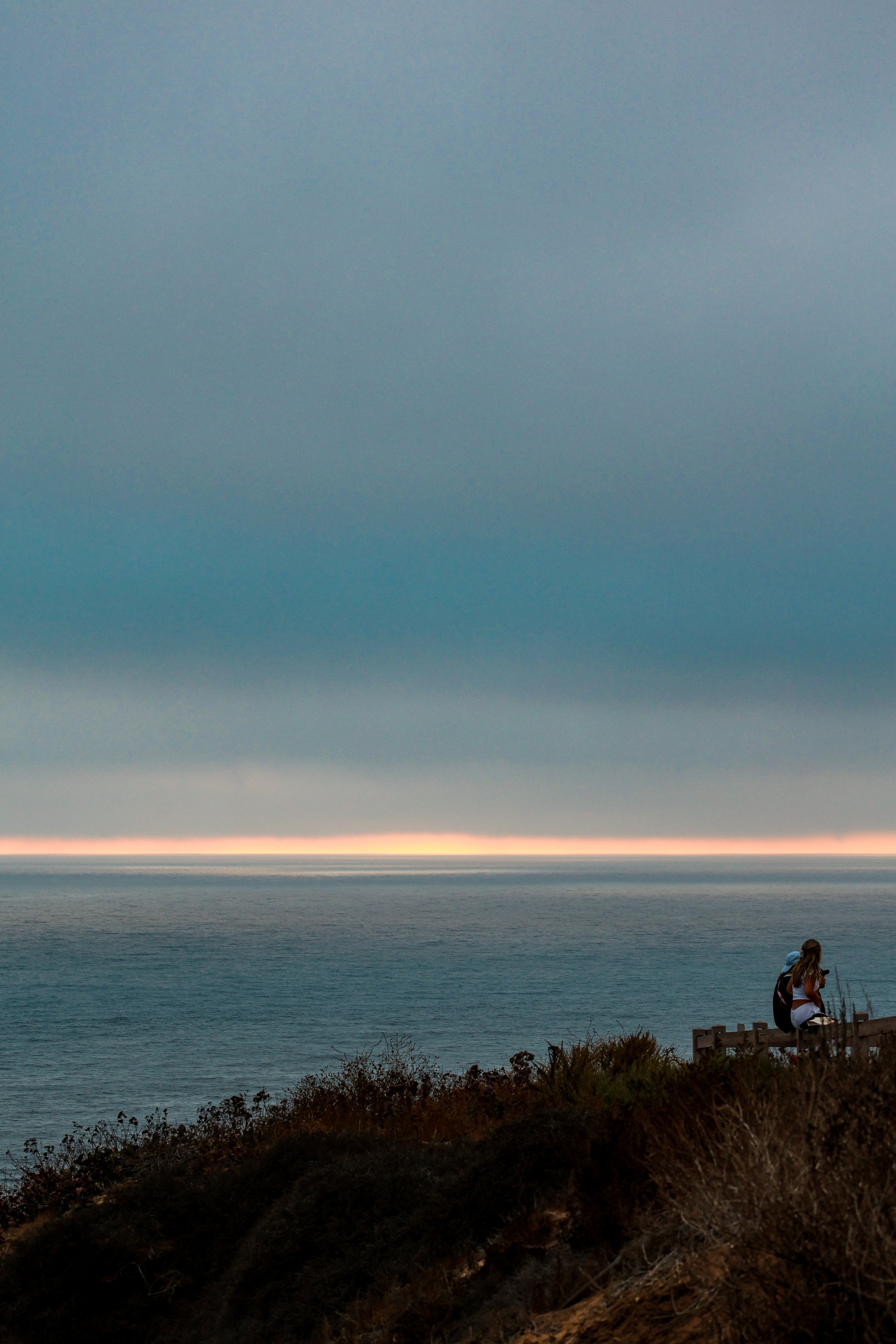 A woman sitting on a park bench overlooking the ocean at sunset, with a dog sitting nearby on a leash; the sky is cloudy with a hint of pink near the horizon.