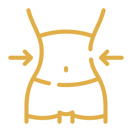Line drawing of a person's waist and hips, with arrows pointing inward on both sides indicating waist measurement.