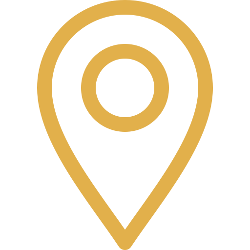 A gold location pin icon on a black background.