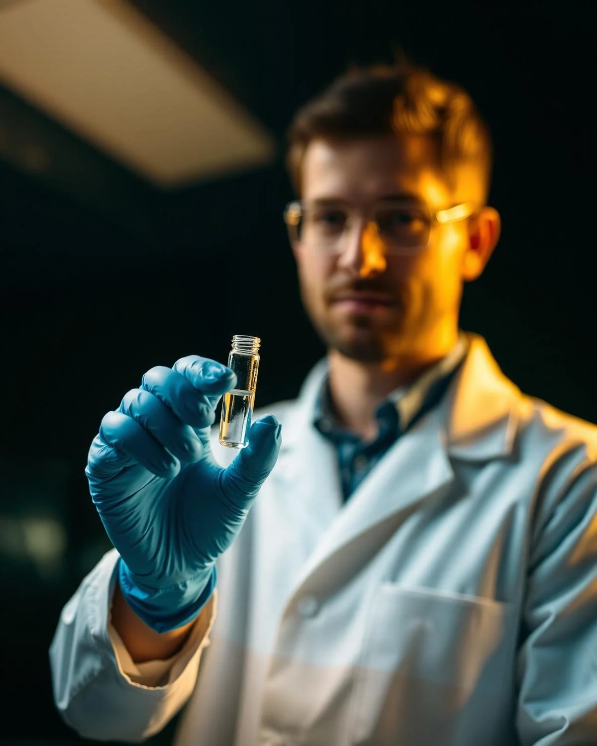 A scientist in a white lab coat and blue gloves holding a small test tube with a clear liquid, with a dark background and a warm light shining on his face and hand.