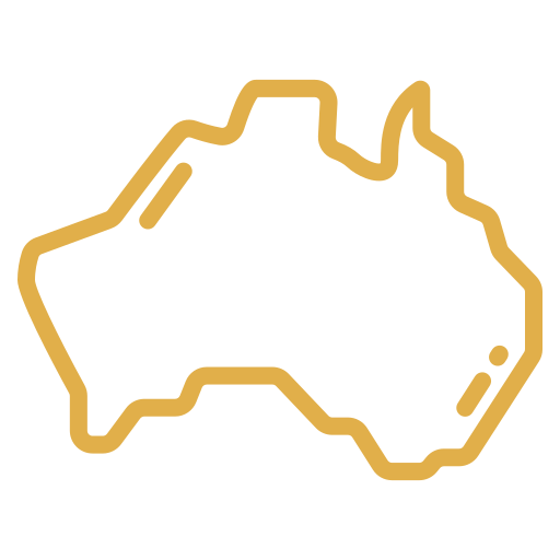 Outline of the country of Australia in gold on a black background.