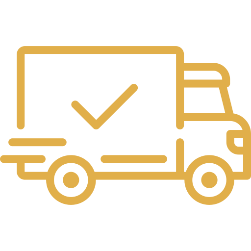 Gold line drawing of a delivery truck with a check mark on the side, indicating delivery or approval.