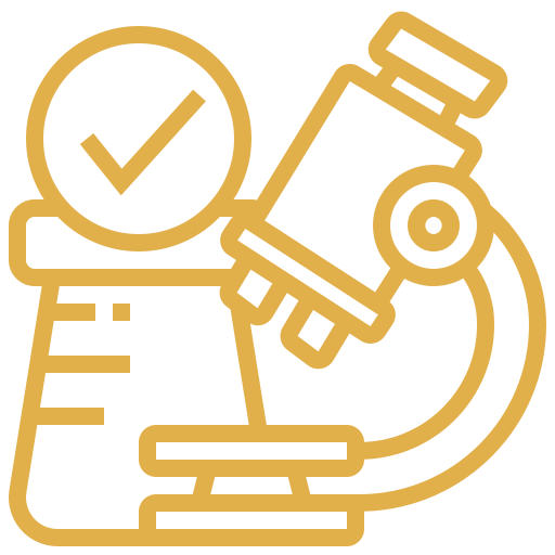 Outline illustration of a microscope with a checkmark inside a circle next to it.