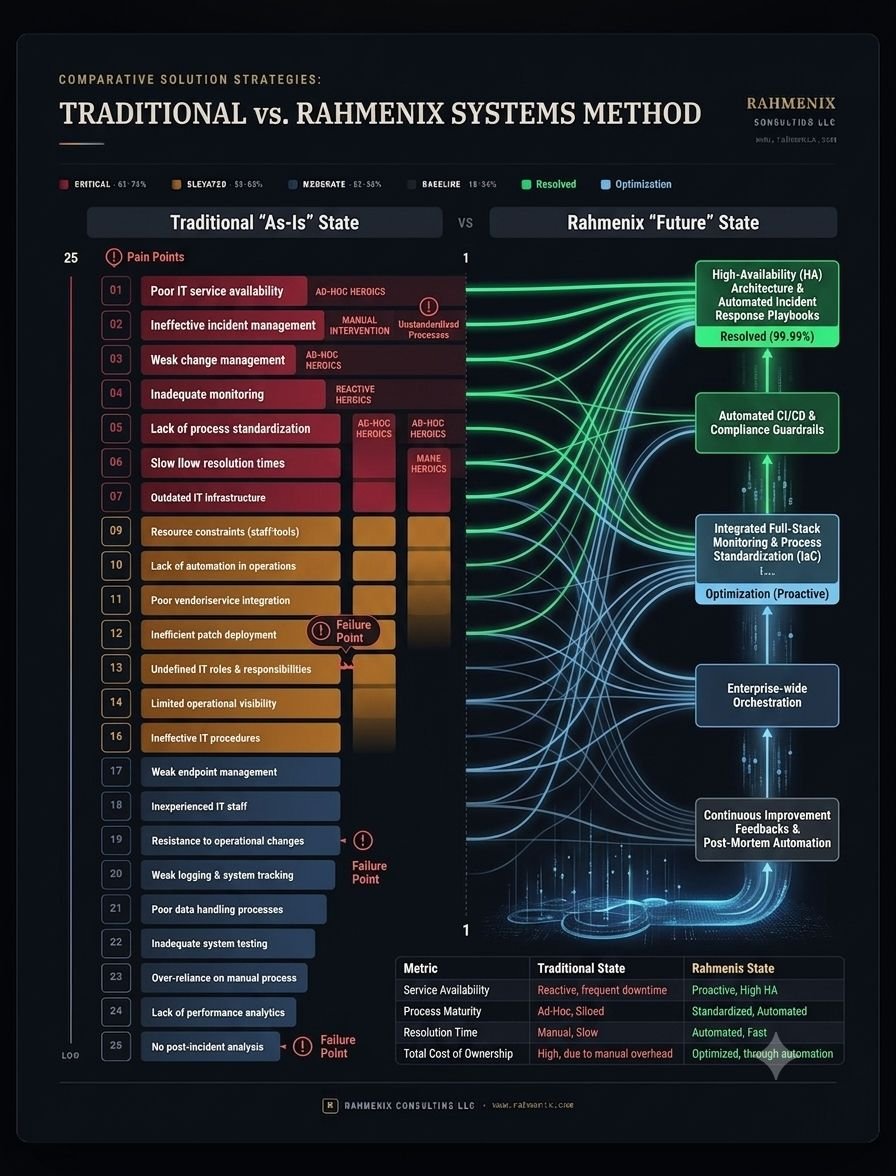 A comparison chart illustrating traditional 'as-is' IT service management processes versus Rahmenix 'future' state for IT systems, including metrics, pain points, and solutions.
