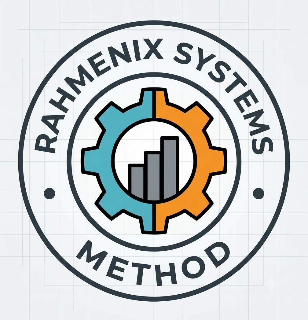 Logo for RahmEnix Systems Method featuring a gear with a bar graph inside, divided into blue and orange sections.