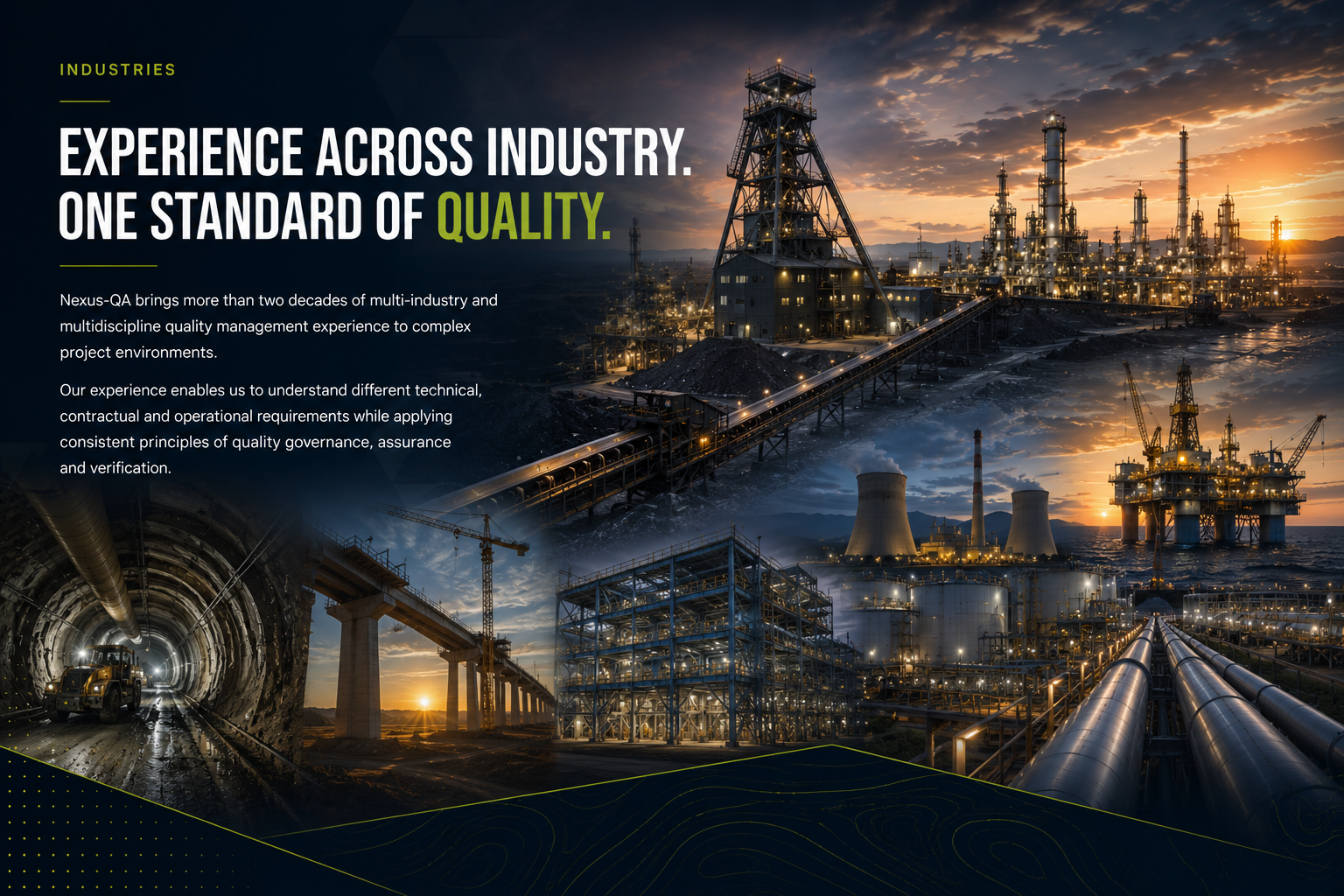 Composite image featuring various industrial scenes, including an oil rig, factory, construction site with a tunnel, pipeline, and offshore platform, highlighted by sunset and evening lighting.