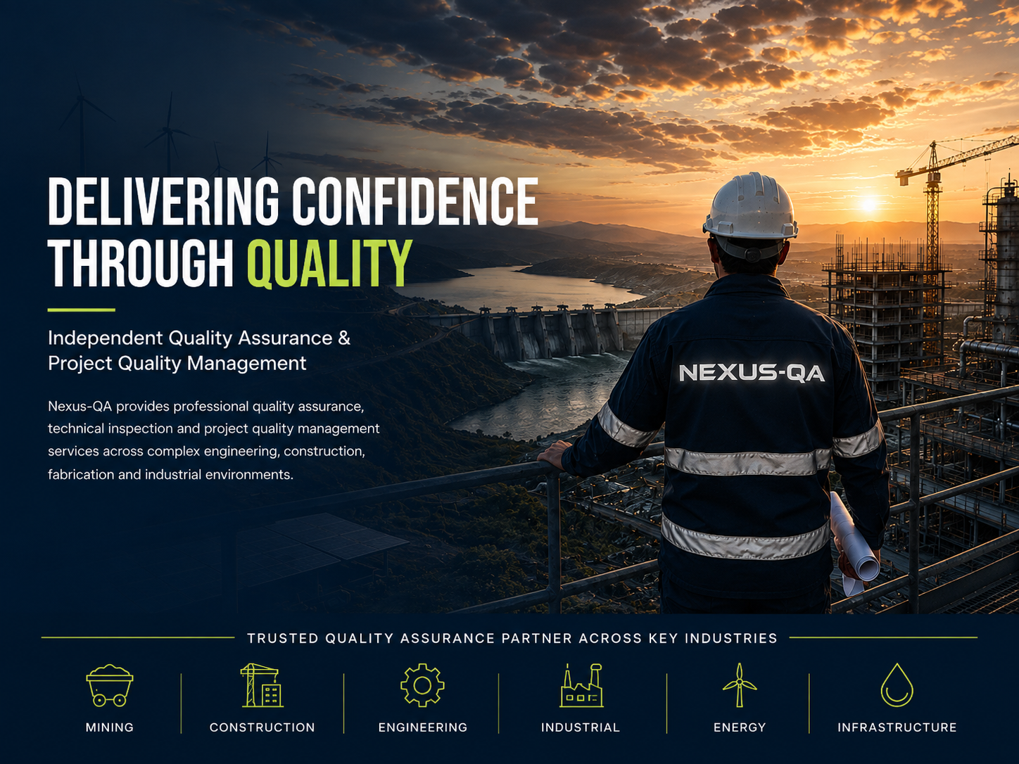 A person wearing a helmet and a jacket labeled 'NEXUS-QA' is standing on a construction site overlooking a dam and reservoir at sunset, with wind turbines and construction cranes in the background. The image contains overlaid text promoting quality assurance services in industries like mining, construction, engineering, industrial, energy, and infrastructure.