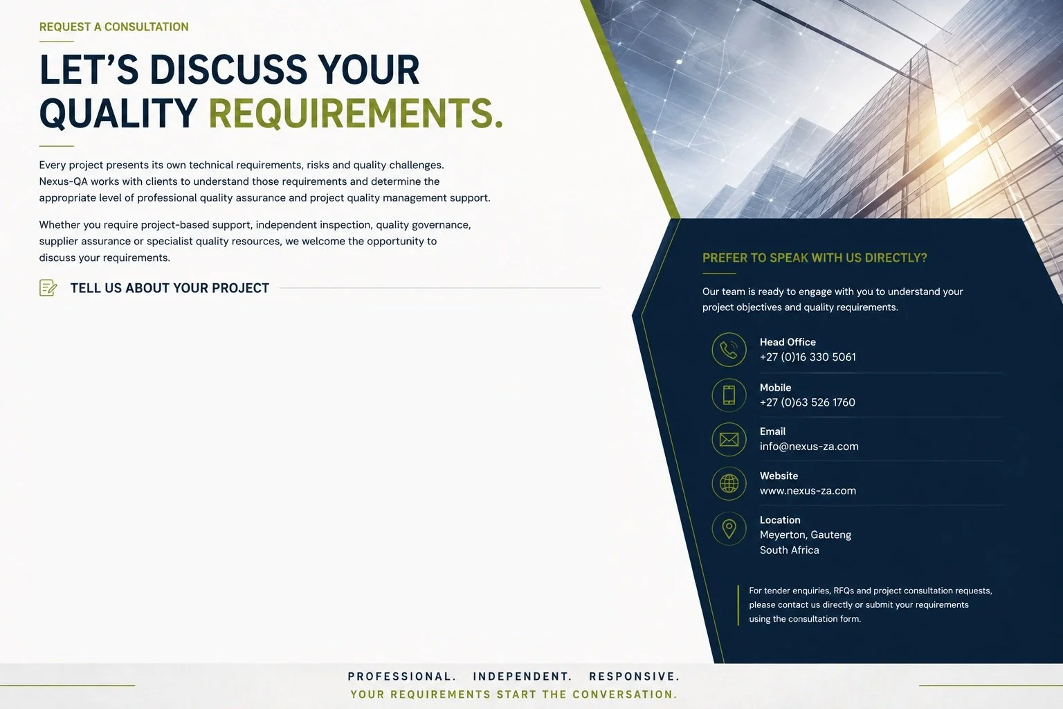 A corporate brochure or flyer with a title 'Let's Discuss Your Quality Requirements' and a call to action to contact the company. It has contact information for the head office, mobile, email, website, and location in Meyerton, Gauteng, South Africa. The design includes a modern cityscape with glass buildings and a blue, green, and white color scheme.