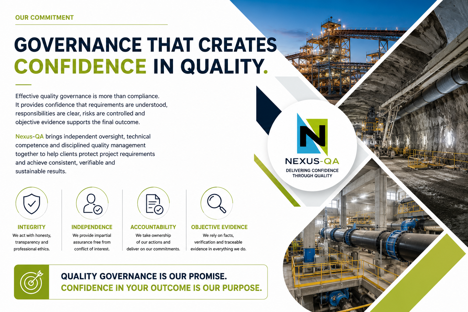 Company mission statement and values on governance and quality assurance with images of an industrial facility or mine.
