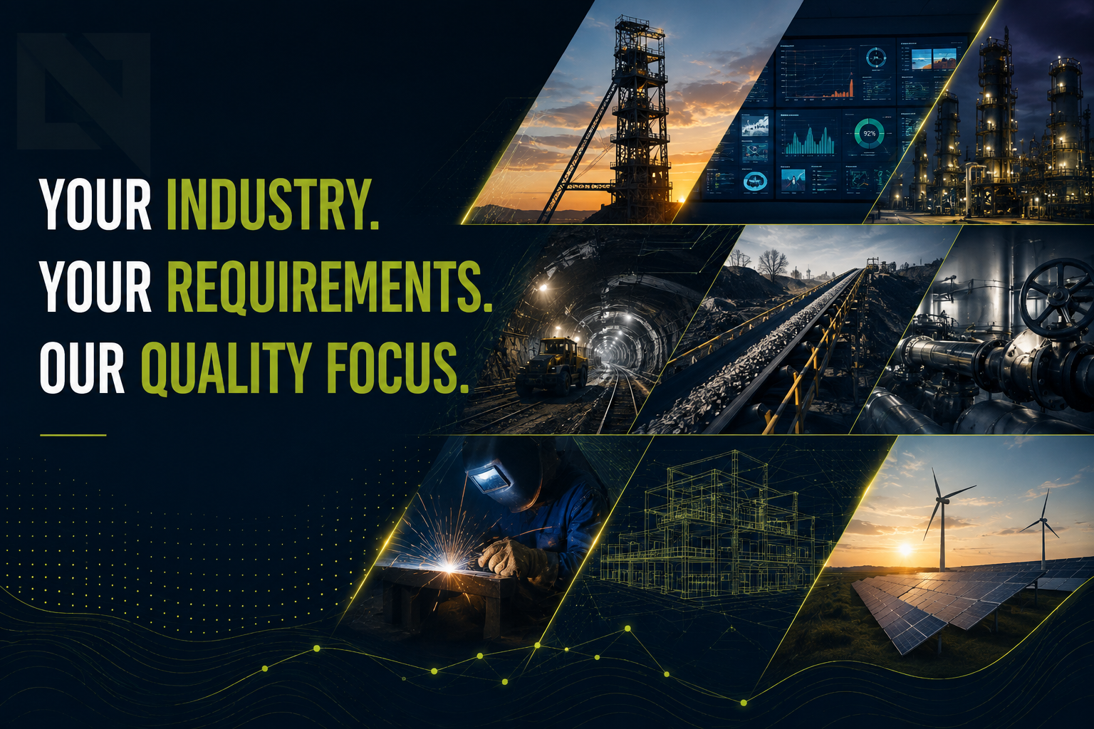 Collage of industrial scenes including oil drilling, data analytics, mining, pipelines, welding, construction, wind turbines, and solar panels, with the text 'Your Industry. Your Requirements. Our Quality Focus.'
