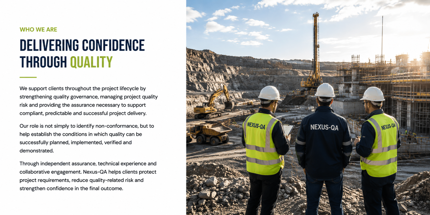 Three construction workers wearing safety helmets and vests with the Nexus-QA logo, standing on a construction site with heavy machinery, scaffolding, and rocky terrain, during daylight.