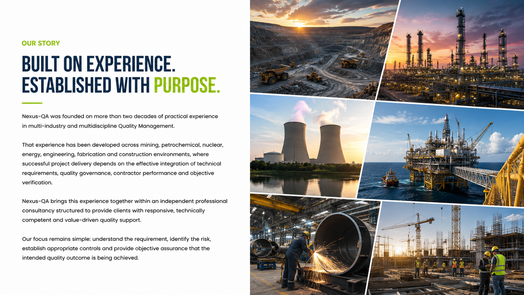 Collage of industrial work scenes including mining operations, oil rigs, nuclear cooling towers, chemical plants, and construction sites with workers.