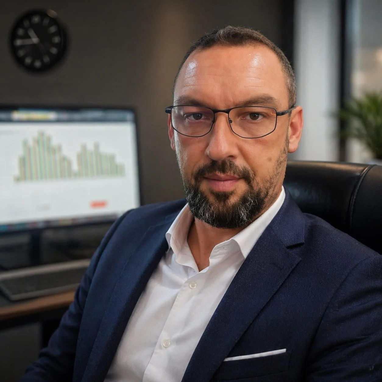 A man with glasses and a beard wearing a white shirt and dark blazer sitting at an office desk, with a computer monitor displaying a bar chart and a clock on the wall behind him.
