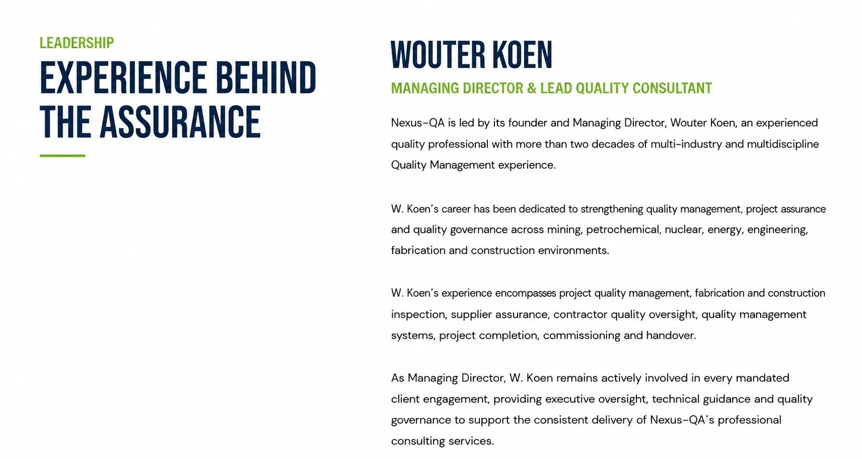A professional profile page for Wouter Koen, Managing Director & Lead Quality Consultant, featuring a large title 'Experience Behind the Assurance' and a description of his career and expertise in quality management, project assurance, and governance in various industries.