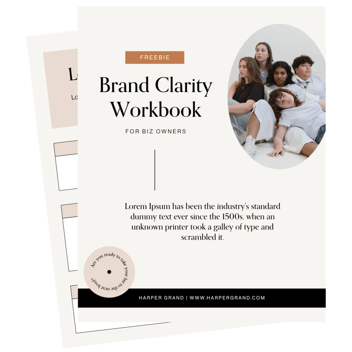 Cover page of a brand clarity workbook for business owners with a group of diverse young people sitting on the floor, and a small circular sticker that says 'Are you ready to take your next level?'