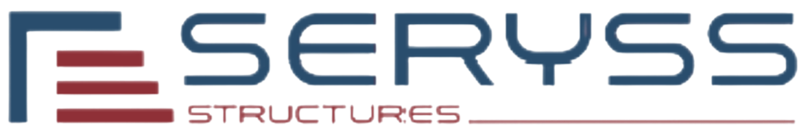 Logo de la société Seryss Structures avec le nom en texte bleu et rouge, et un symbole graphique à gauche.