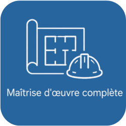 Icône représentant un plan architectural et un casque de chantier, avec la légende 'Maîtrise d'œuvre complète'.