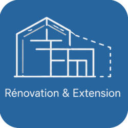 Logo avec une maison en esquisse et le texte 'Rénovation & Extension' en français.