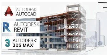 Logos des logiciels Autodesk AutoCAD, Revit et 3ds Max affichés à côté d'une structure en construction.