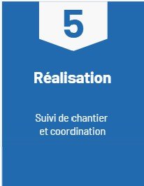 Affiche bleue avec le texte '5 Réalisation Suivi de chantier et coordination'.