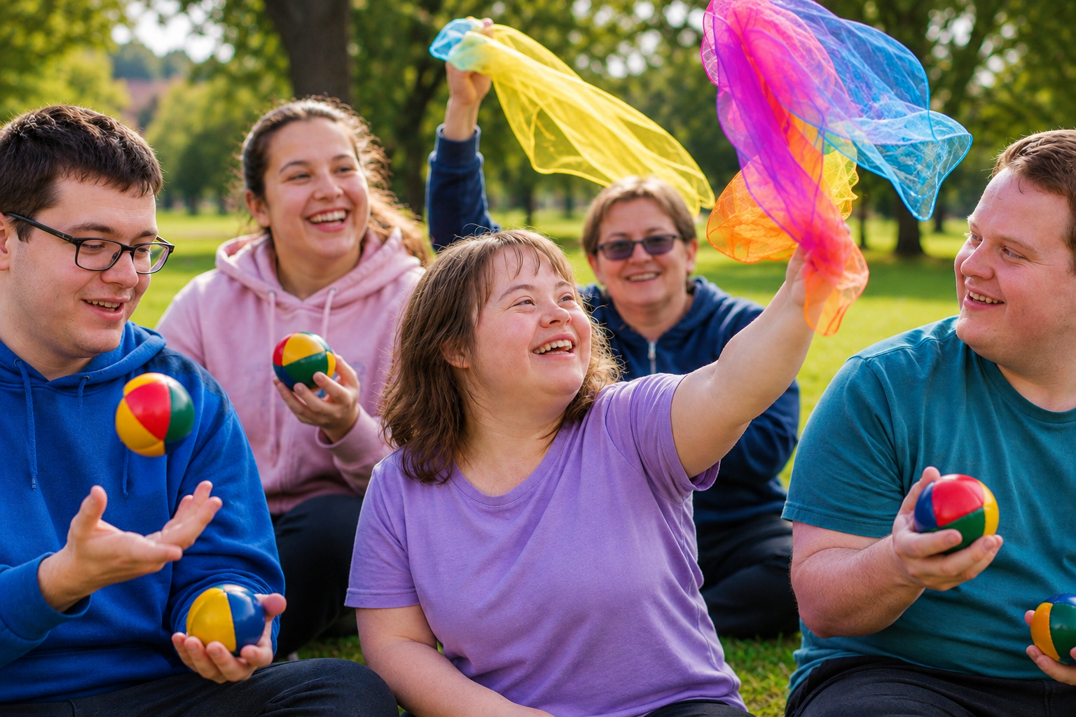 People playing with colorful scarves and balls outdoors in a park on a sunny day.
