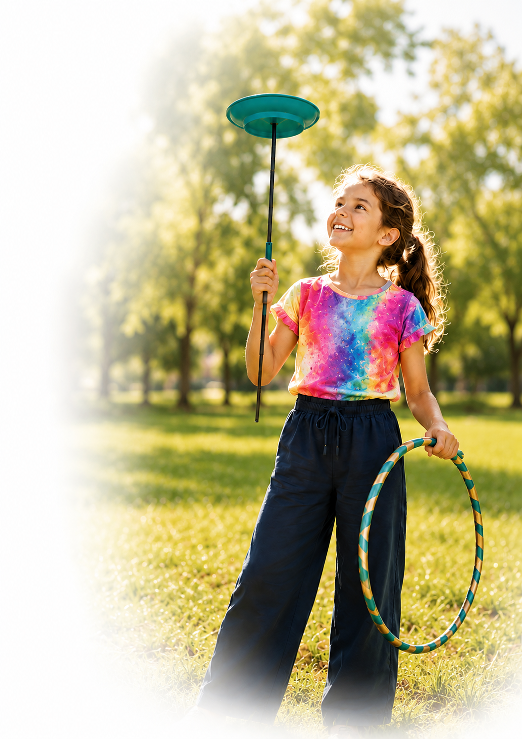 A young girl in a colorful tie-dye t-shirt and dark pants playing with a hula hoop and a diabolo in a park with green trees and grass.