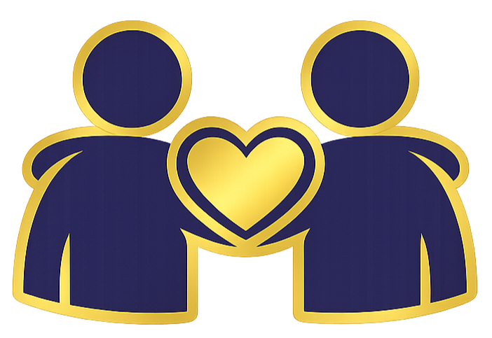 Icon of two people with a heart between them, outlined in gold with dark blue fill.