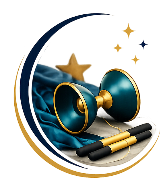 Blue and gold jump ropes with black handles resting on a blue cloth and a small star-shaped pillow.