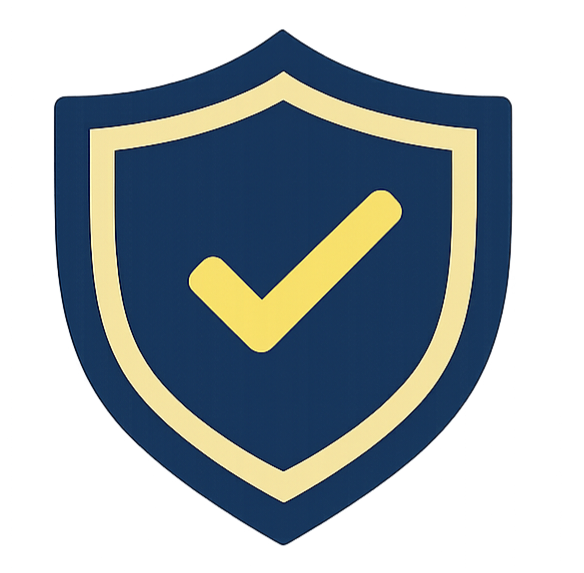 A shield emblem with a blue background and a cream outline, featuring a yellow checkmark in the center.