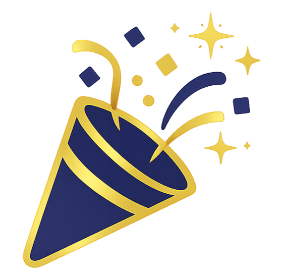 Celebratory scene with a blue and gold party popper releasing gold and blue confetti and stars.