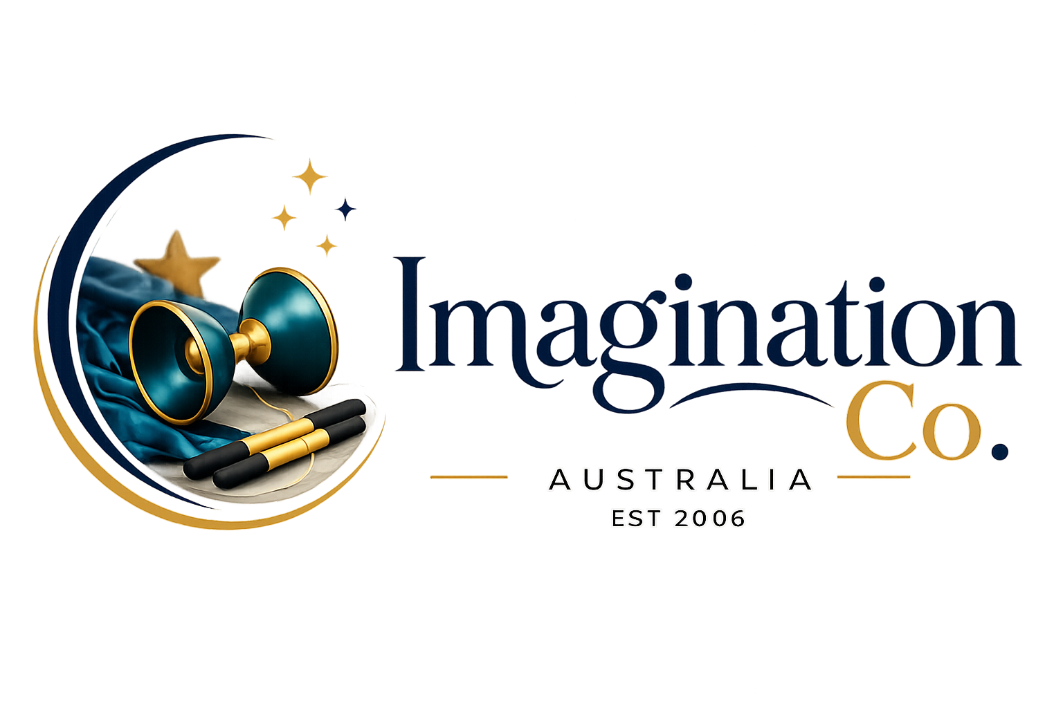 Logo for Imagination Co. Australia, established in 2006, featuring a vintage gramophone with a horn speaker, a blue cloth, and two black and gold sticks, with the company name in large elegant font.
