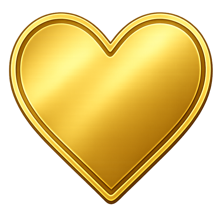 A large golden heart-shaped object with a shiny, metallic finish and a layered gold outline.