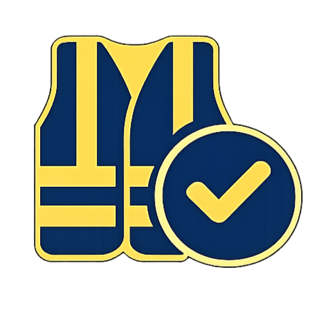 Icon of a yellow and blue construction vest with a checkmark badge.