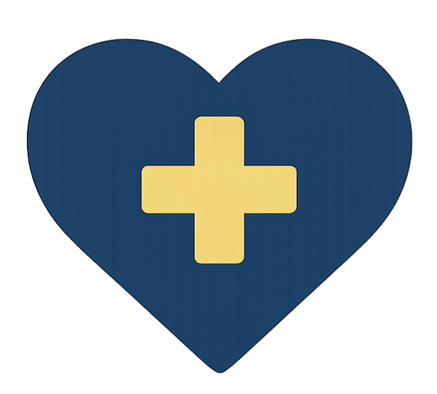 Blue heart with a yellow medical cross in the center.