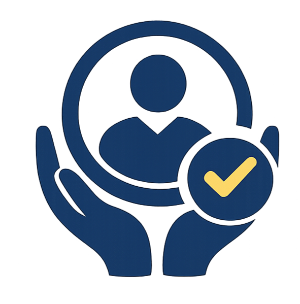 Icon of two hands holding a person symbol with a check mark.