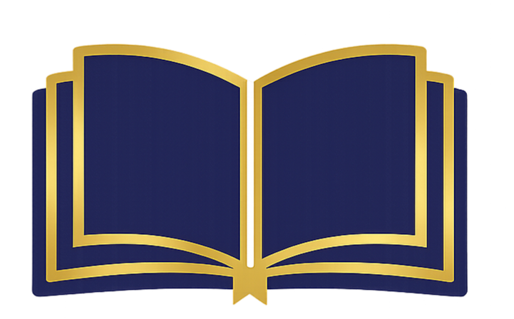 A stylized open book with a gold outline and navy blue pages.