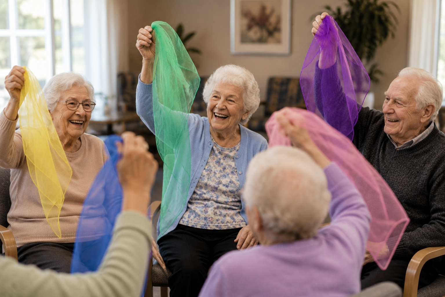 A group of elderly people sitting in a circle, holding colorful translucent scarves, smiling and enjoying a lively activity in a cozy room with natural light.