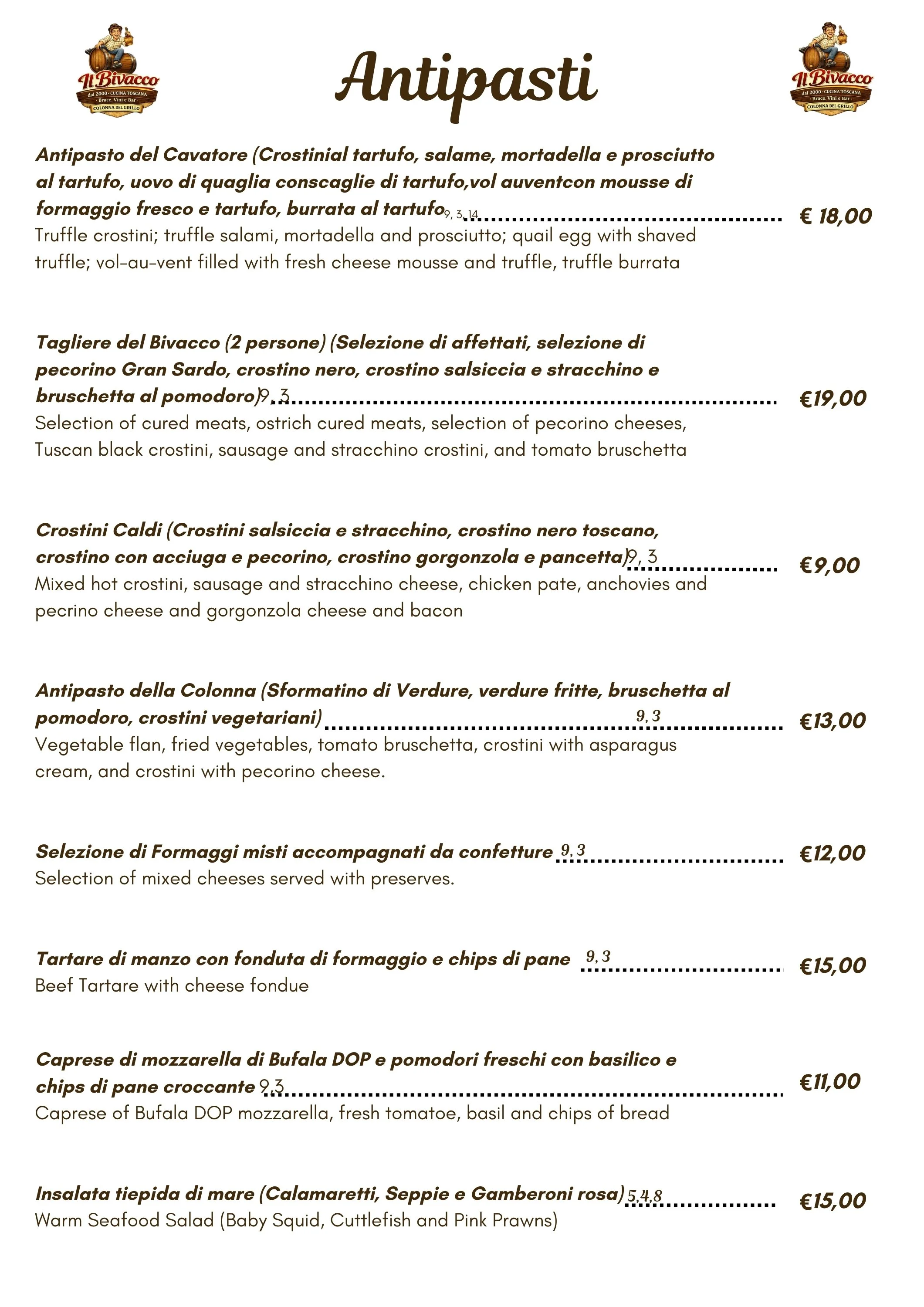 Menu page showing various Italian antipasti dishes with descriptions and prices.