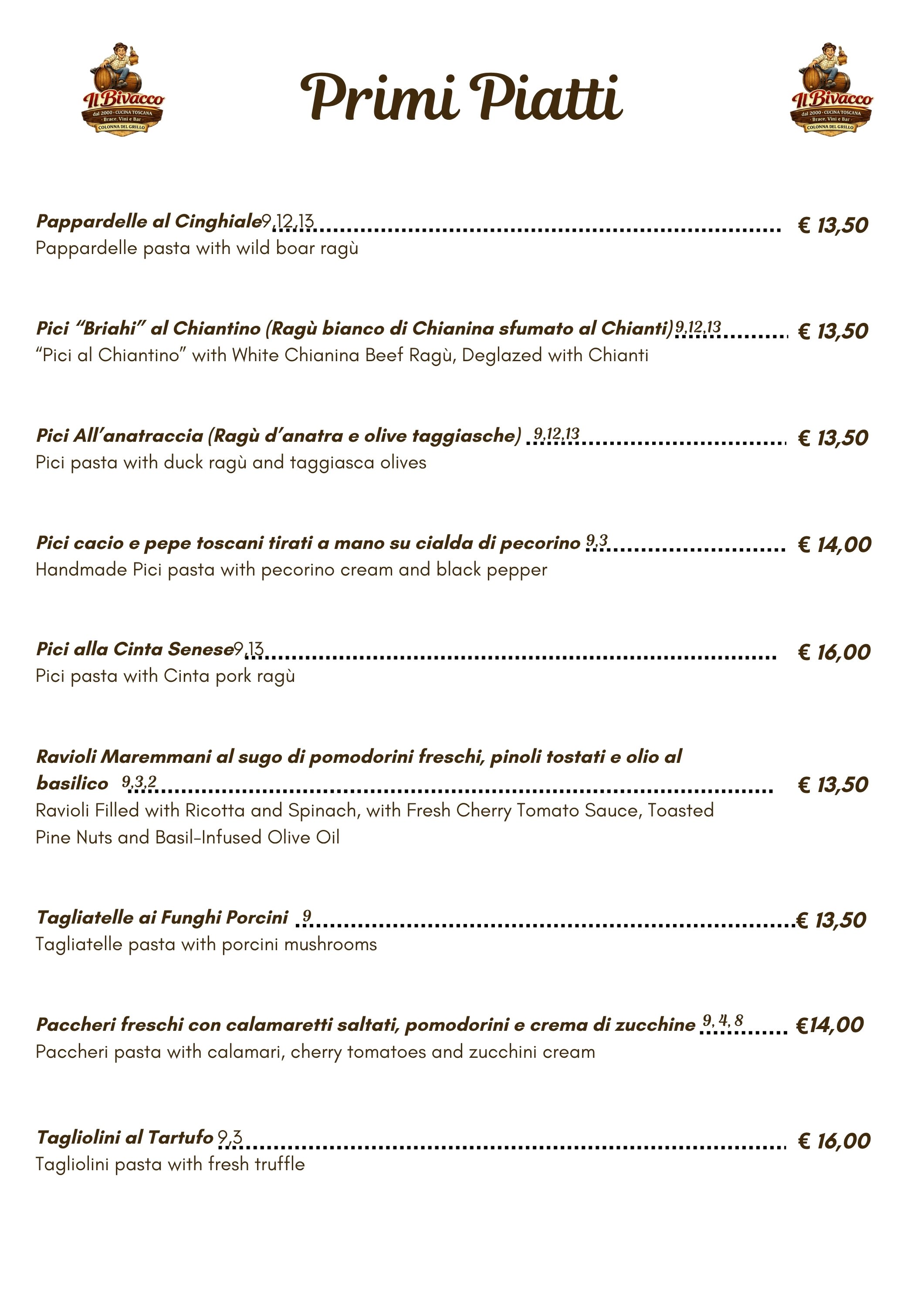 Restaurant menu featuring various Italian pasta dishes with descriptions and prices, including Pappardelle al Cinghiale, Pici Briahi, Pici All'anatraccia, and more.