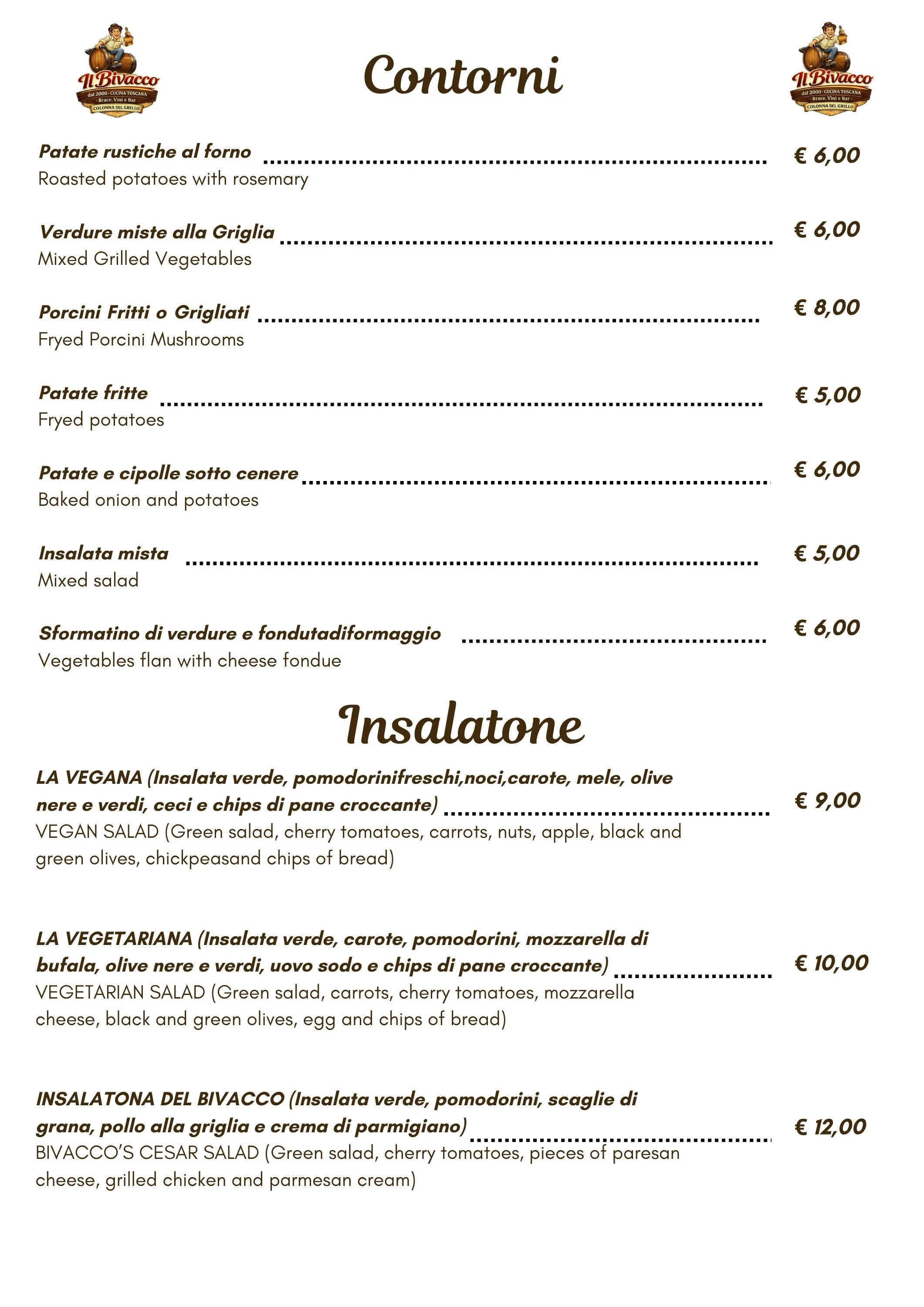 Italian restaurant menu featuring various vegetarian and vegan salads with descriptions and prices.