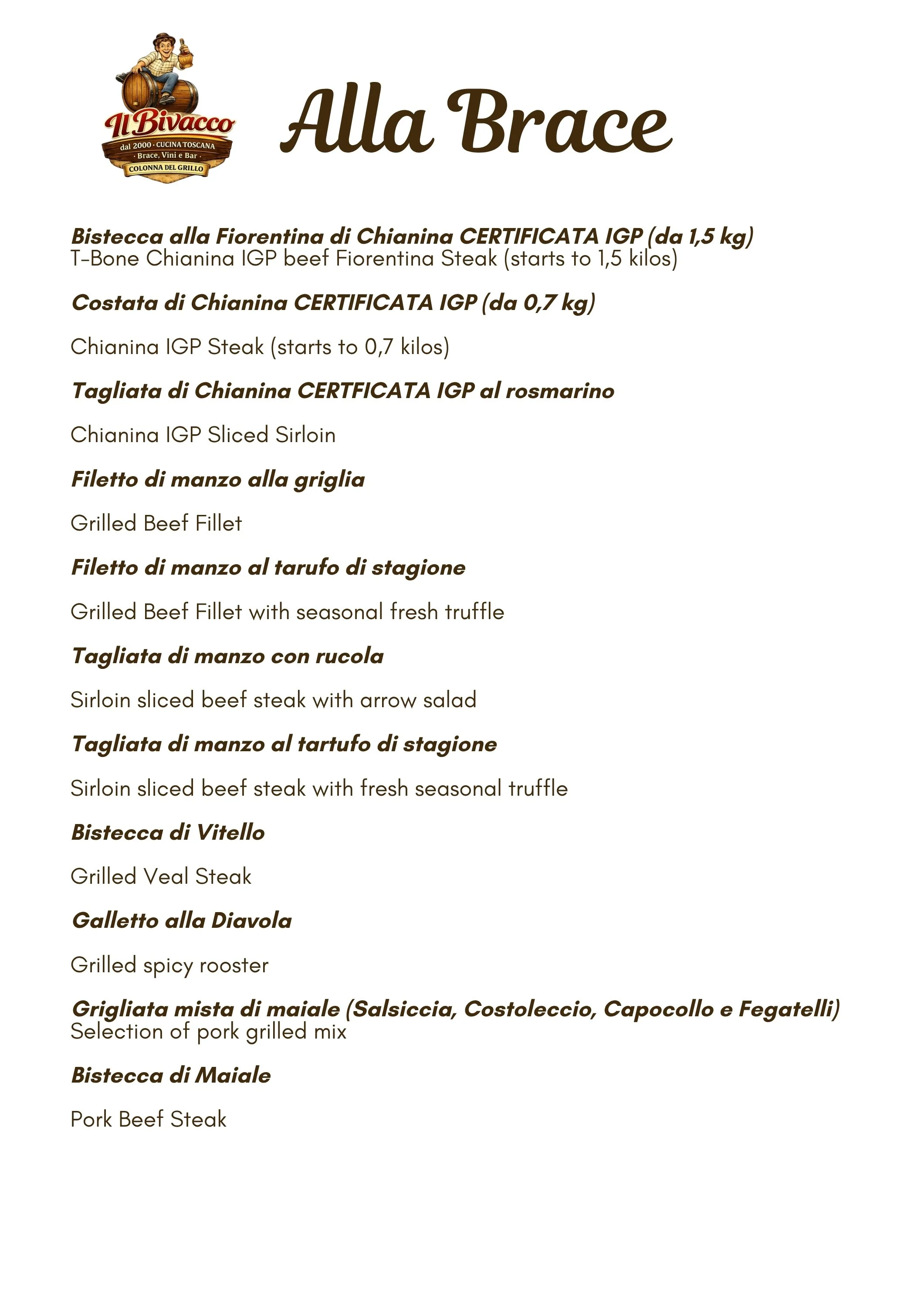 Menu from Il Bivacco Restaurant featuring various Italian dishes including steaks, pork, and veal, with descriptions. Colonna del Grillo, Castelnuovo Berardenga, Siena - near Arezzo.