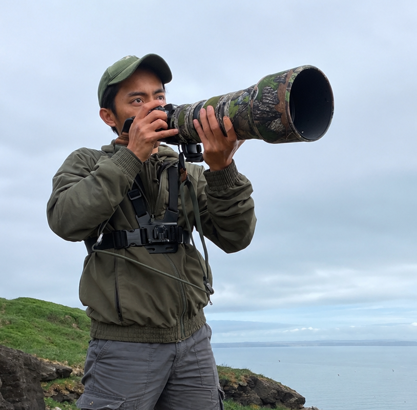 Man in green jacket and cap looking through large camouflage camera lens outdoors with water and cloudy sky in background.