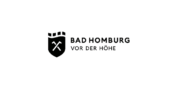 Logo von Bad Homburg mit Fahne, Schurz und Schriftzug 'Bad Homburg vor der Höhe'.