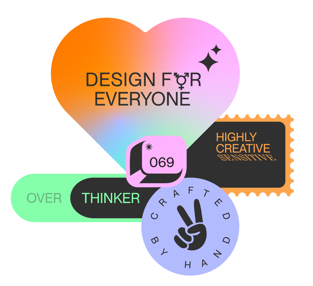 Bunte Illustration mit Texten und Symbolen, darunter ein Peace-Zeichen, Sterne, und Sprechblasen, mit Texten wie "Design for everyone", "Highly creative", und "Crafted by hand".